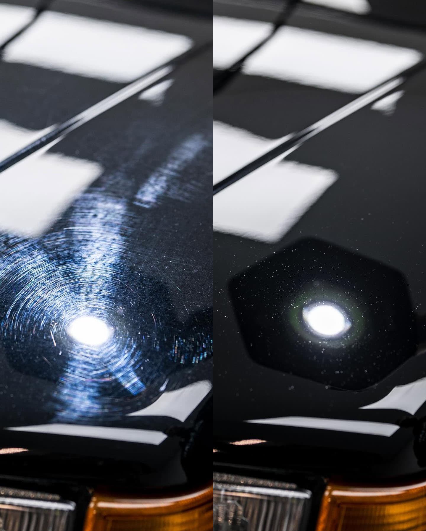 Avant et après : la même peinture noire, marquée puis corrigée, sous lampe d'inspection